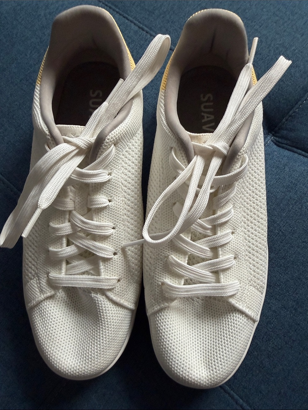 Suavs White Knit Lace-Up Sneakers with Subtle Yellow Accent